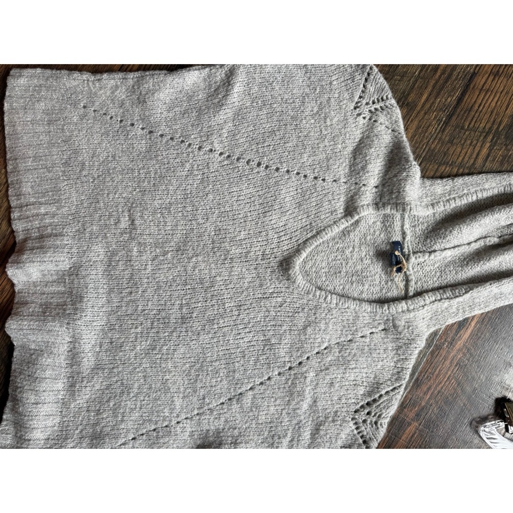 American Eagle Gray Chunky Knit Hooded V-Neck Sweater Pointelle Detail Large